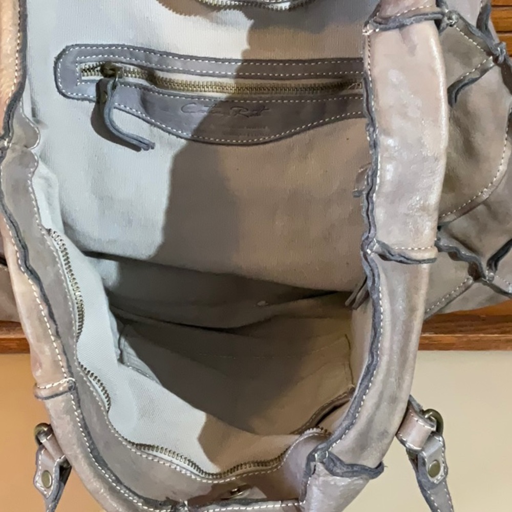 Neutral Gray Patchwork Tote with Stitched Detail - Picture 4 of 10